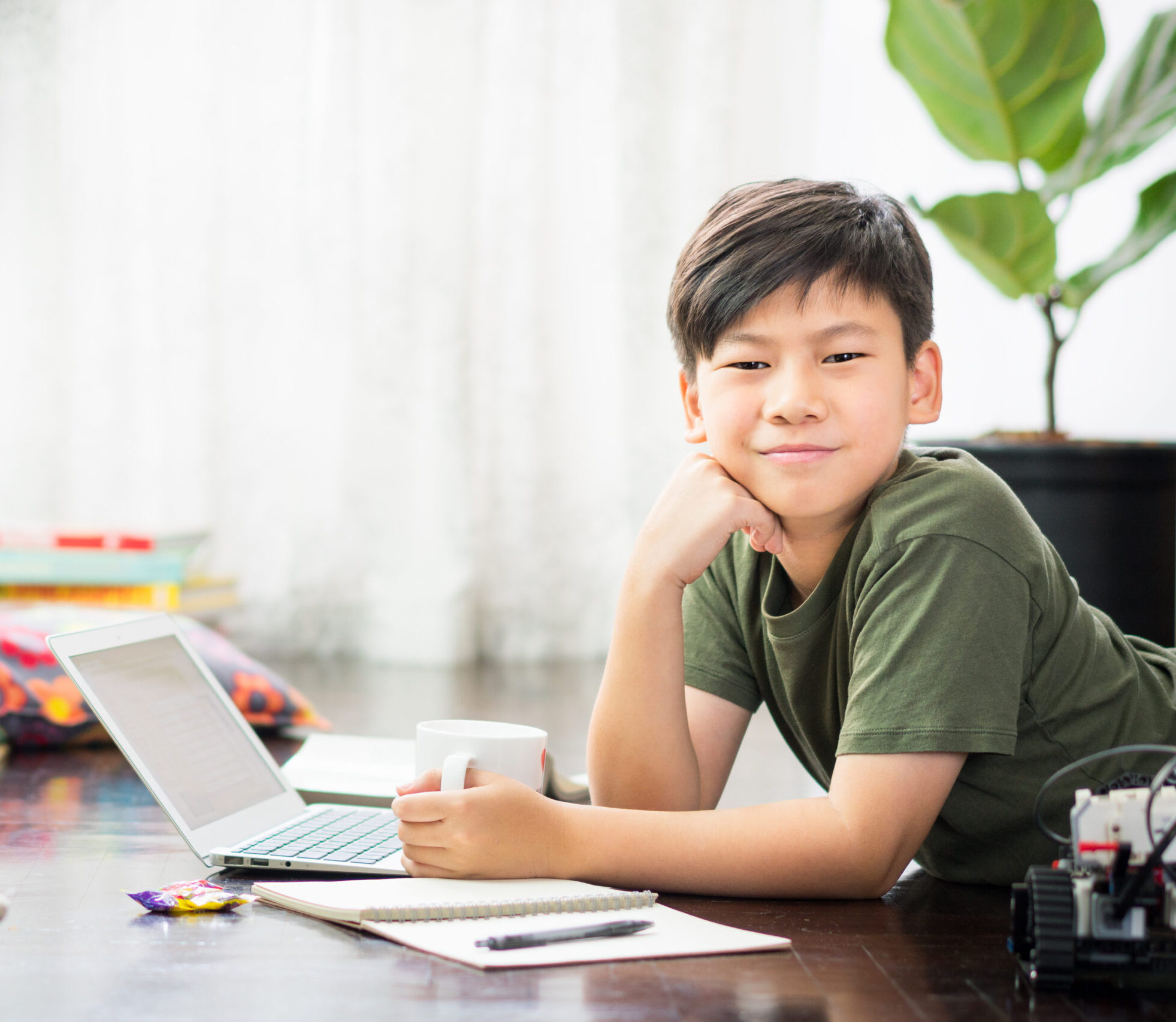 Smart looking Asian preteen boy lying on floor, smile with confidence and happiness, studying online learning at home due ...